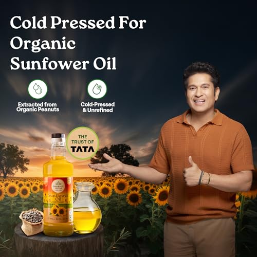 Image of Organic India Sunflower Oil, 1000ml | Lab Tested on 250+ Parameters | Certified Organic| Cold Pressed Oil with Natural Flavours and Aroma | Extracted from Organically Grown Sunflower Seeds