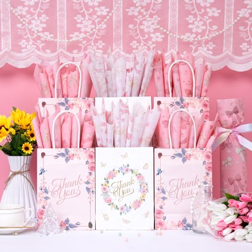Image of Larcenciel Pink Tissue Paper for Packaging, Bow Balloon Gift Wrap Tissue Paper for Gift Bags, Boxes & Crafts, Pretty Packing Supplies for Birthday, Wedding, Anniversary, Holiday, 60 Sheets 20x14in