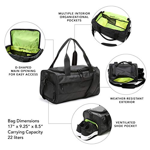 Vooray Boost Duffel, Water-Resistant Gym Bag with Shoe Compartment, Accessory Pockets, Small Overnight Travel Bag, Durable Sports Duffel Men Women 22L