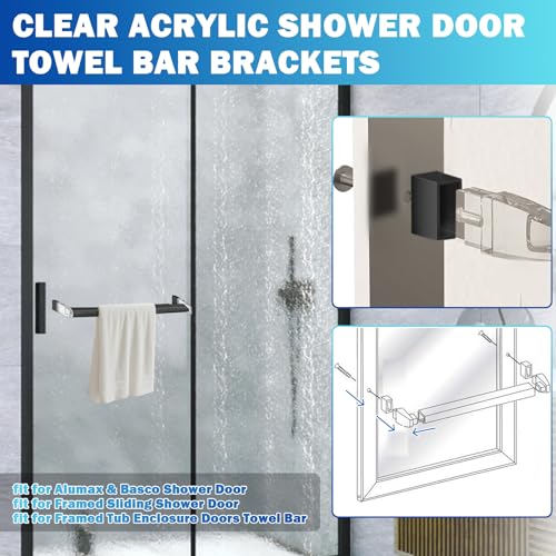 Image of Clear Acrylic Shower Door Towel Bar Brackets with Bright Chrome Sleeve