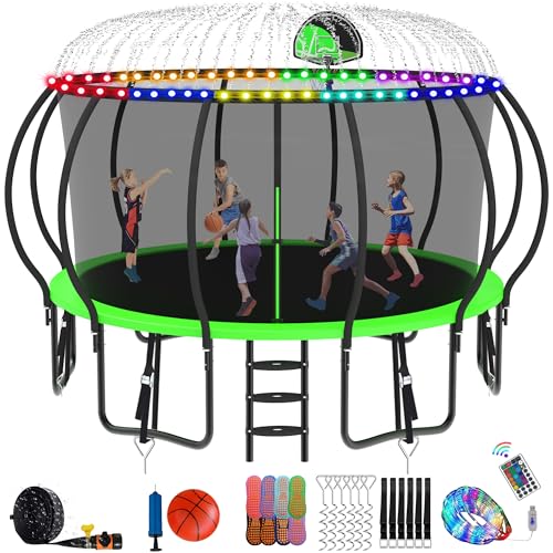 DeepRoar Tranpoline 8/10/12/14/15/16FT Pumpkin Tranpoline for Kids, Heavy Duty Outdoor Tranpolines with Basketball Hoop, Safety Enclosure Net, Light, Sprinkler, Socks, ASTM Approved
