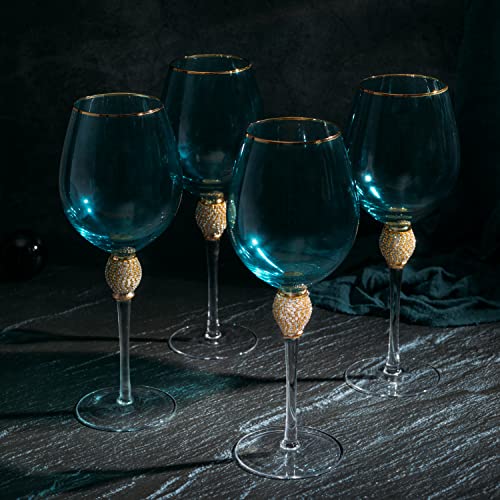 The Wine Savant Large Diamond Wine Glasses, 10" H Gold Rim Rhinestone Diamond Glasses - Wedding Glasses - 18 Ounce, Premium Designed Wine Glasses For Spirits And Wine, Gift Boxed (4, Blue) #TOP4