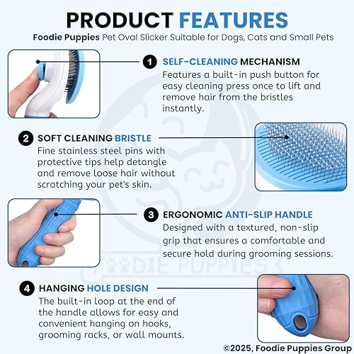 Image of Foodie Puppies Self Cleaning Slicker, Pet Grooming Shedding Brush for Dogs and Cats (Push to Clean Slicker, Oval) - Easy to Remove Loose Undercoat, Pet Massaging Tool Suitable for Pets with Long or Short Hair
