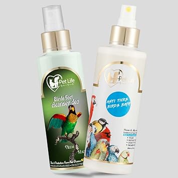 Pet Life Anti Ticks Birds Bath Shampoo 200 Ml + Birds Feet Cleanser Deo 200 Ml Waterless/Spray For Poultry Birds, Parrots, Sparrow, Pigeon - Cleaner/Shinier Coat & Feet Healthy/Aromatic -All Bird Type
