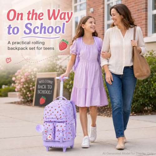 Image of CCJPX 3Pcs Rolling Backpack for Girls, Roller Wheeled School Bookbag, Strawberryra Wheels Backpacks with Lunch Box for Kids (Purple)