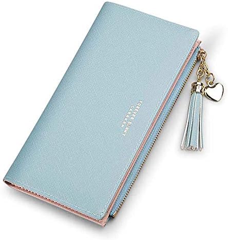 SUMGOGO Slim Wallet for Women Long Tassel Zipper Clutch Purse Handbag Card Case Wallet (Blue)