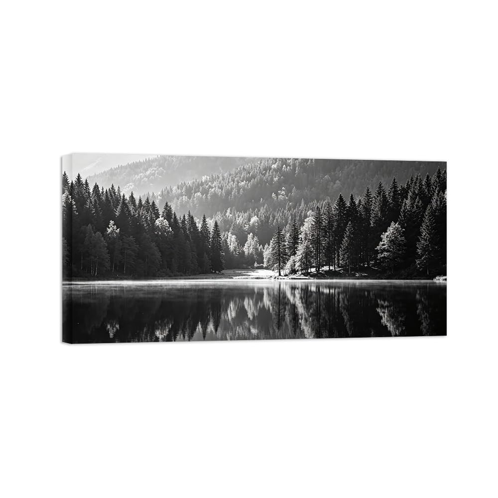 Black White Landscape Wall Art. Forest Lake. Picture 30x60cm Unframed