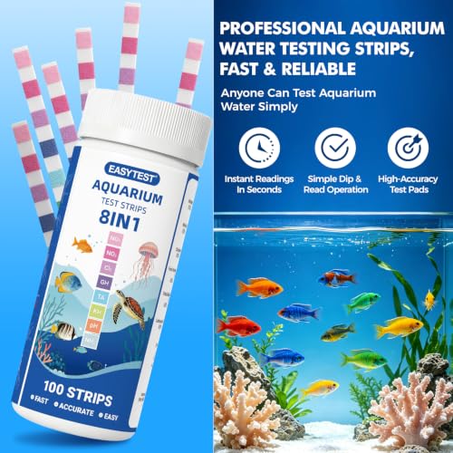 Image of EASYTEST 8-Way Aquarium Test Strips with Ammonia, 100PCS Fish Tank Test Kit