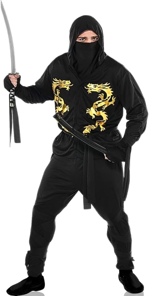 Black Dragon Ninja Costume Set - Plus Size (48-52) - Includes Hooded Shirt Face Mask, Wrist Guards, Belt, & Pants - Perfect for Halloween & Theme Parties Dress-Up Fun