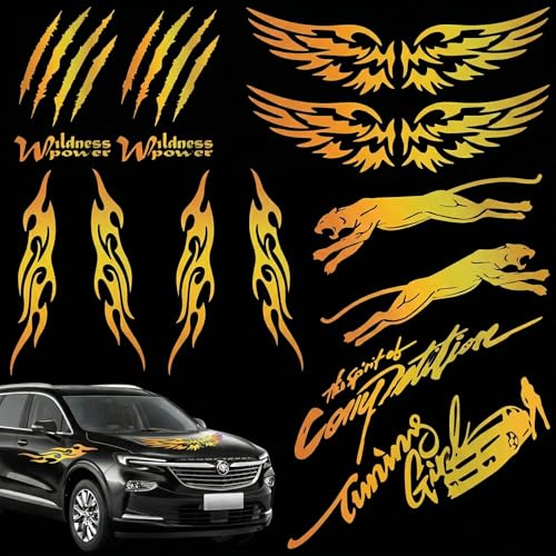 EJRUP 12 Pièces Autocollants Laser Colorés Or, Sticker Voiture Tuning à Flammes, Autocollants Cool pour Casque de Moto, Adaptés à Moto, Skateboard, Scooter pour Voiture Cache Rayure