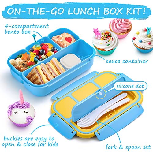 QQKO Bento Lunch Boxes with 4 Compartments, Sauce Container, Utensils, Food Picks and Muffin Cups for School or Adults, Blue - Image 4