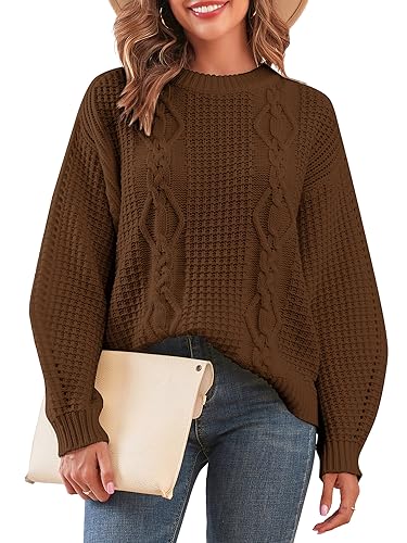 Image of ZAFUL Womens Sweater Cable Knit Oversized Sweaters Crewneck Long Sleeves Casual Knit Pullover Tops