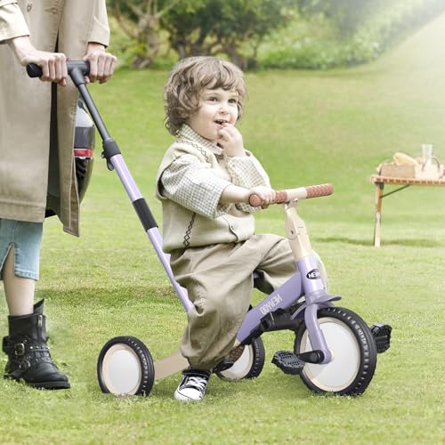 Image of newyoo Toddler Tricycle with Push Handle for 1-3 Year Old, Toddler Bike, Birthday Toy for Boys and Girls, 5 in 1 Kids Trike, Balance Bike with Backrest and Safety Belt, Purple, TR007