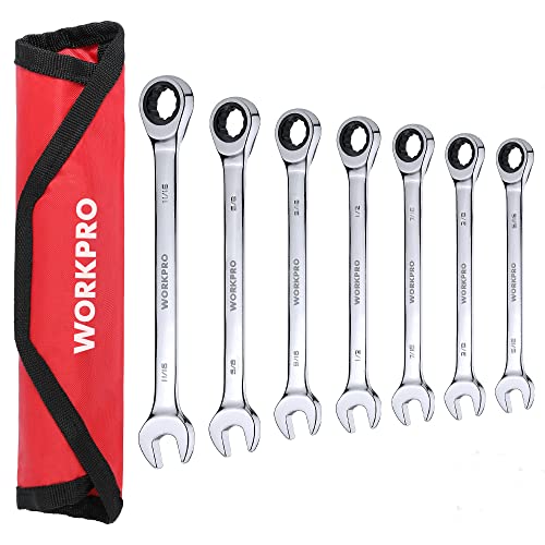 WORKPRO 7-Piece Ratcheting Combination Wrench Set, 72 Teeth, Cr-V Constructed, Combo Ratchet Wrenches Set with Roll Up Pouch, SAE 5/16"-11/16"