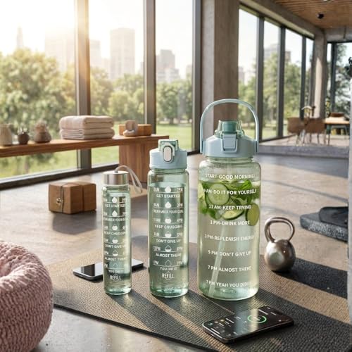 Image of Set of 3 Transparent Water Bottle 2000ML, 900ML, 300ML with Motivational Time Marker | Leak Proof&Break-Proof | Best Usage For Office /School /Gym /Travel Water Bottle