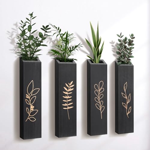 Wood Wall Planter Farmhouse 4 Pack Indoor Pocket Wall Vases Decor for Living Room Bedroom Dried Flowers Faux Greenery Plants Black