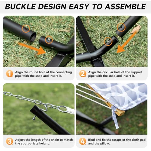 Image of Everyfun 2 Person Outdoor Hammock with Stand, Cotton Rope Hammock with Polyester Pad, Adjustable Steel Frame, Portable with Carrying Bag - for Patio, Backyard, Garden, Beach, Cloud-Gray
