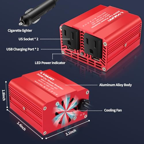 300W Power Inverter for Vehicles, LVYUAN 12V DC to 110V AC Car Plug Adapter Outlet Converter 6.2A Dual USB Charging Ports Car Truck RV Inverter for Road Trips, Red
