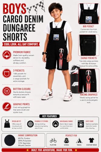 Image of KiddoPanti Unisex Denim Cargo Dungaree Shorts | 69.1% Cotton 29% Spun Poly 1.9% Spandex | Above Knee Length | Soft Breathable Summer Dungaree