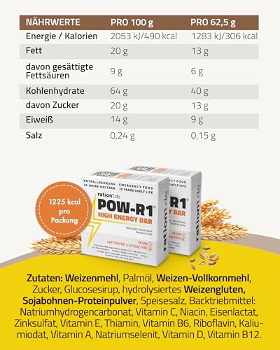 ration1, POW-R1 High Energy Bar, 250g Pack, 4 einzeln verpackte Riegel, Vegan, Laktosefrei, 20 Jahre haltbar, Outdoor Snack, Notnahrung, Energie Booster für Wandern, Radfahren