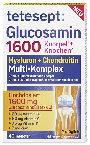 tetesept Glucosamin 1600 - Ergänzungspräparat mit Glucosamin und hochdosiertem Vitamin D3 & Vitamin C - für gesunde Knochen und Knorpel - 1 x 40 Tabletten (Nahrungsergänzungsmittel)