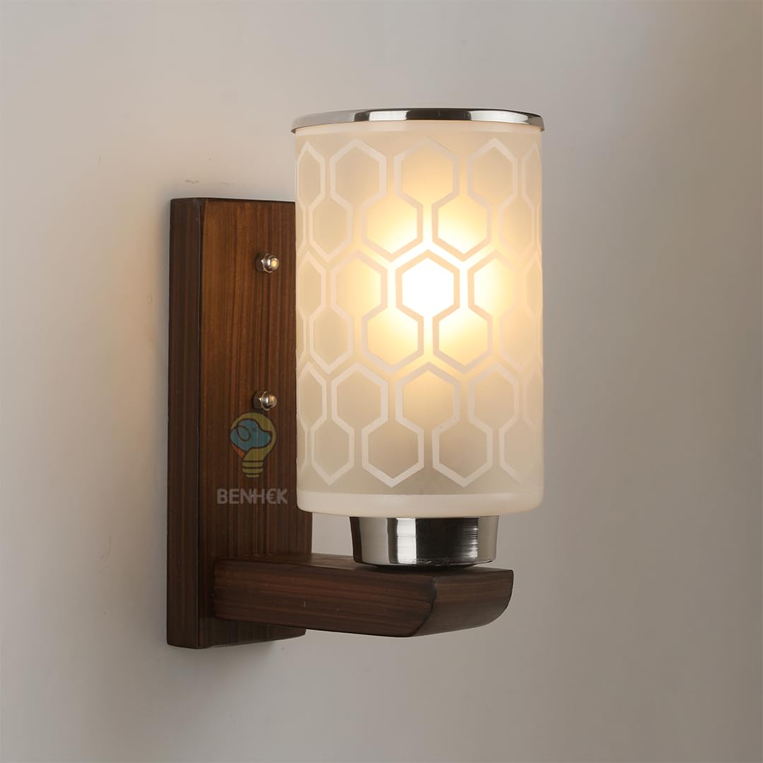BENHEK Upside Wooden Wall Lamps, Modern Wall Mount Light Wall Hanging Lights Home Wall Décor Light Items for Living Room, Bedroom, Hall, Indoor(Wooden Milky Lamp)