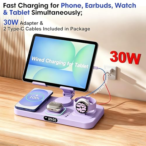 Image of 30W Tablet Wireless Charger for Samsung, Foldable Android Charging Station with Clock Display with 7-Color Light, Wireless Watch Charger for S25, Only Compatible Samsung Watch, Galaxy Buds3 Pro(Purple