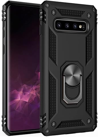 Military Grade Drop Impact for Samsung Galaxy S10 Plus Case 360 Metal Rotating Ring Kickstand Holder Built-in Magnetic Car Mount Armor Shockproof Cover for Samsung Galaxy S10+ Plus Phone Case Black