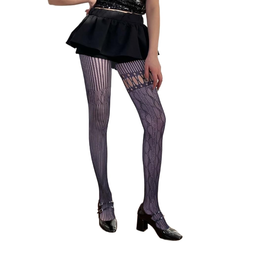 Lerono Unisex 1258 Tights, Japanese Style Women Sexy Fishnet Tights Stockings Aesthetic Asymmetrical Lace Patchwork Pattern Hollowed Out Pantyhose