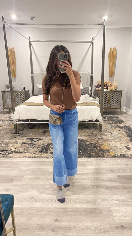 Women's High Waisted Wide Leg Jeans Stretch Frayed Raw Hem Straight Leg Boyfriend Cuffed Jeans Trendy - Image 3