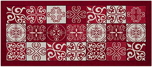 HomeLife Tapis de cuisine anti-taches et antidérapant, moderne avec motif faïence, lavable, tapis de couloir coloré, fabriqué en Italie 58X110 rouge