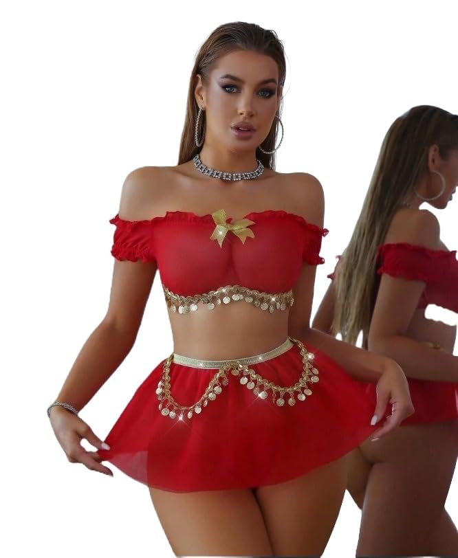 guso shopee Lingerie Two Piece Deep V Neck Teddy Arabian Princess Lingerie Set - Fairytale Cosplay Fantasy Costume Skirt and Top Bikini Set-picture-6
