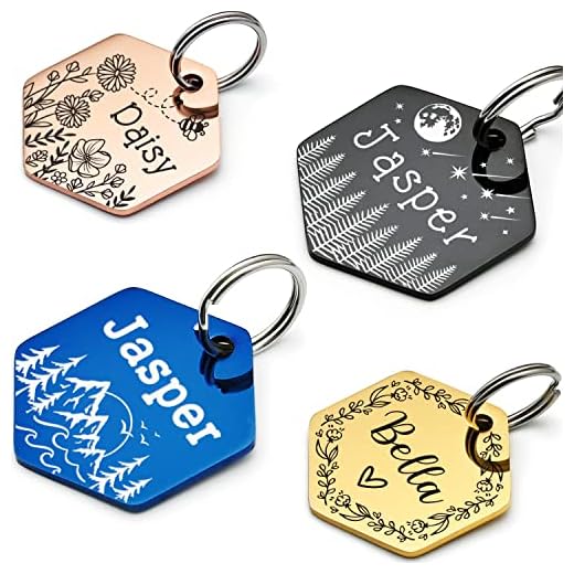 Custom Dog Tags, Funny Double Sided Deep Engraved Stainless Steel Pet Id Tags for Dogs, Cat & Dog Collar Charm Microchips, Lightweight Sturdy Cute Cat Id Tags, Personalized Dog Name Tags (Hexagon)