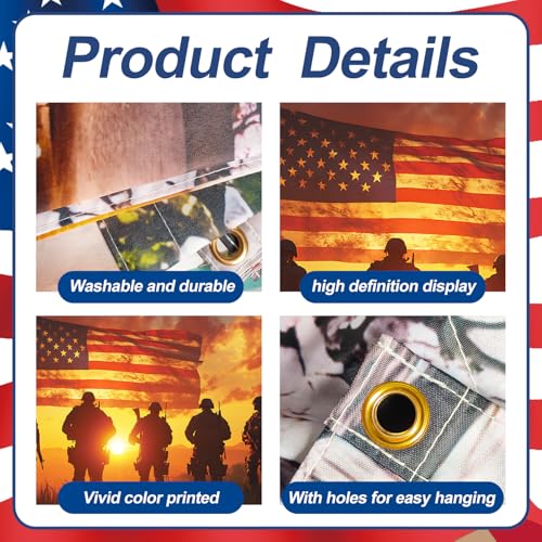 Image of 13x6 ft Patriotic Silhouette Garage Door Banner - Saluting Figures with American Flag Backdrop, Hanging Garage Decorations - for Memorial Day Veterans Day Tribute, Military Honor Outdoor Wall Sign