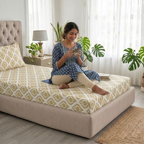 Image of Mafatlal Grace Printed Cotton Bedsheet | 186 TC | 60x90 Inch | Single Bed Size with Modern Look | Lightweight & Cozy Feel Fabric | Soft Yellow