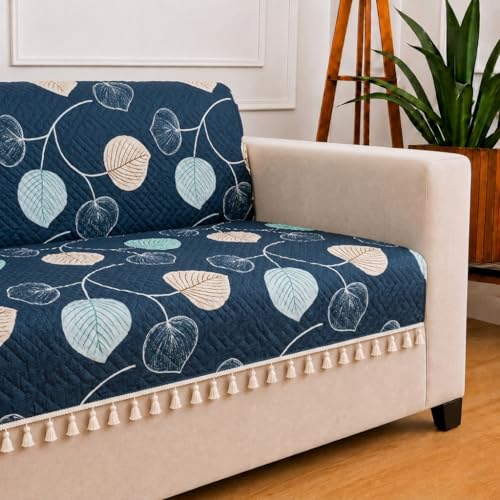 Image of STITCHNEST 'Frostvine Collection' 2 Seater Sofa Cover - Full Coverage| Cotton Quilted Fabric, Decorative Tassels, Washable & Durable for Modern Living