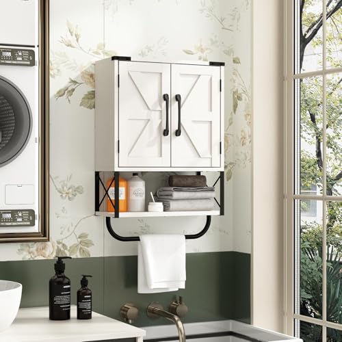 RUSTOWN Farmhouse Rustic Medicine Cabinet with Two Barn Door,Wood Wall Mounted Storage Cabinet with Adjustable Shelf and Towel Bar, 3-Tier Cabinet for Bathroom, Living Room(Vintage White)