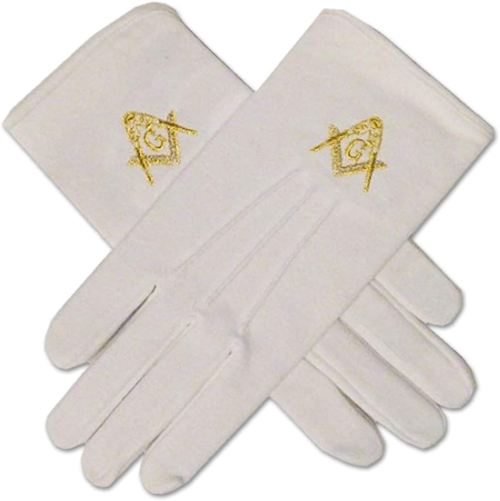 Gold Square & Compass Hand Embroidered Cotton White Masonic Gloves