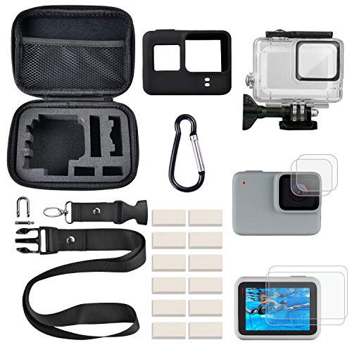 FINEST+ Accessories Kit for GoPro Hero 7 White/Silver Waterproof Housing+Tempered Glass Screen Protector+Carrying