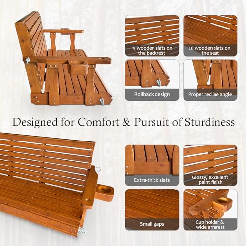 Image of Fortune Candy Wooden Porch Swing, Warm Teak Color, 5 FT Extra Large