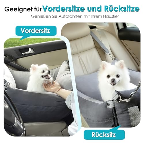 Hundesitz Auto für Kleine & Mittlere Hunde Unter 15KG, Tragbares Hundekorb mit Ausziehbarer Ruhebereich, Abnehmbarer und Waschbarer Auto Reise Hundebett mit Staufächern und Sicherheitsgurt