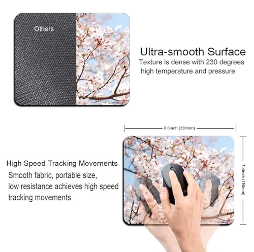 Image of Mouse Pad Cherry Blossoms, Premium-Textured Custom Mouse Mat Design, Washable Mousepad Lycra Cloth, Non-Slip Rubber Base Computer Mouse Pads for Wireless Mouse