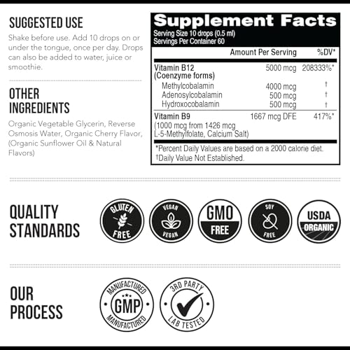 Triquetra Health TH_B12_1OZ Bioactive Vitamin B12 5000 Mcg | Contains 3 Bioactive B12 Forms Plus Methylfolate Cofactor - Methyl B12, Adenosyl B12 & Hydroxy B12 | Sublingual Form, Cherry Flavor, Organic thumb #6