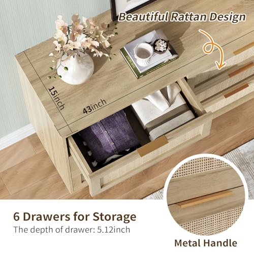 Angel Sar Rattan Dresser for Bedroom, 6 Drawer Wide Dresser, Boho&Farmhouse Chest of Drawers, 47" Clothes Storage Cabinet, Metal Handle&Wood Legs for Hallway, Living Room, Bedroom, Wood - Image 4