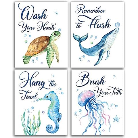 CHIEN-CHI LILI Sea Marine Life Bathroom Watercolor Art Print Set of 4 (8”X10”), Sea Turtle Seahorse Fish Whale Jellyfish Wall Poster Blue Ocean Theme Baby Nursery Kids Bathroom Wall Decor, No Frame Cover