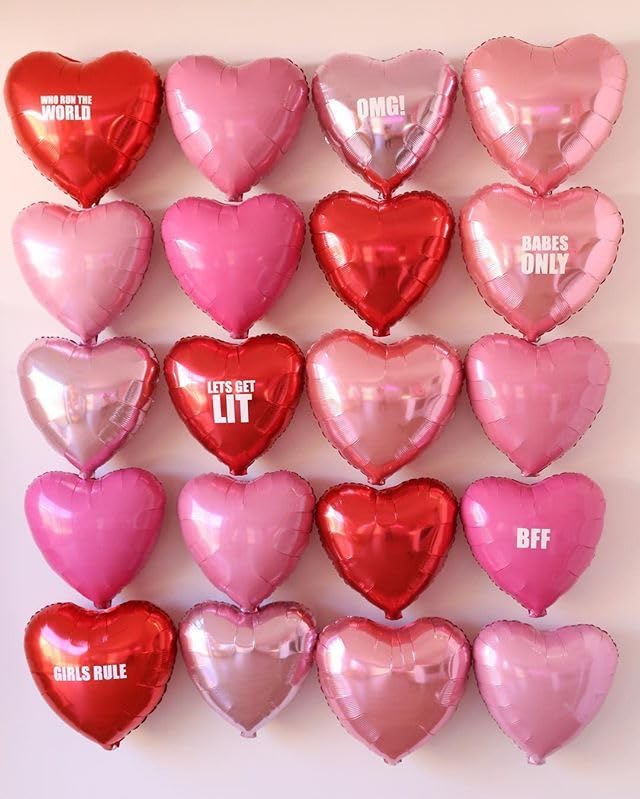Image of Rose Gold & Pink Heart Balloons - 10 Pcs 18 Inch Foil Heart Shaped Balloons for Girls Women - Red Light - Valentines Day, Birthday, Wedding, Baby Shower, Bridal Party Decorations