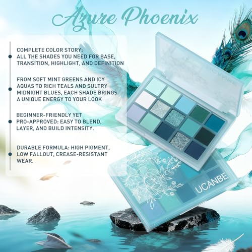 Image of UCANBE 15 Color Eyeshadow Palette - Shimmer Matte Glitter Metallic Cool Tones Shades in White, Blue, Green, Mint, Teal, Navy - High Pigemented Blendable Eye Makeup Palette Kit