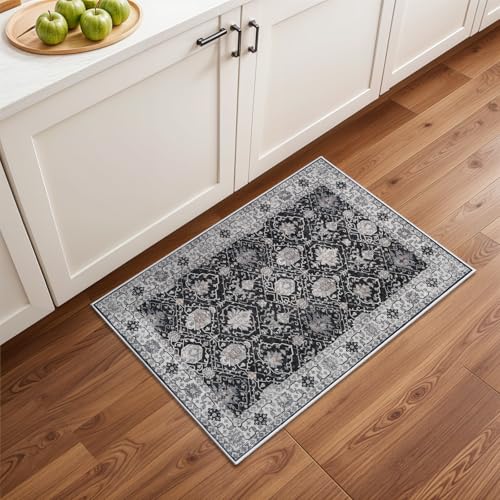Washable 2x3 Entryway Area Rug: Vintage Soft Thin Door Mat with Non Slip Backing Water Resistant Carpet for Bedroom Low Pile Floor Mat for Kitchen Bathroom Easy Clean Rug for Family (2 X 3, Black)