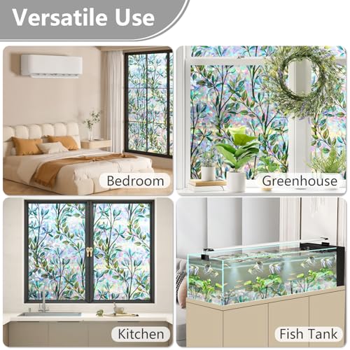 Conkov Fensterfolie Sichtschutzfolie mit Regenbogeneffekt, Elektrostatische Adsorption, Keine Klebeverbindung, Dekorfolie für Wohnzimmer Küche Büro, Grünes Blatt, 44,5 x 200 cm mit Werkzeug
