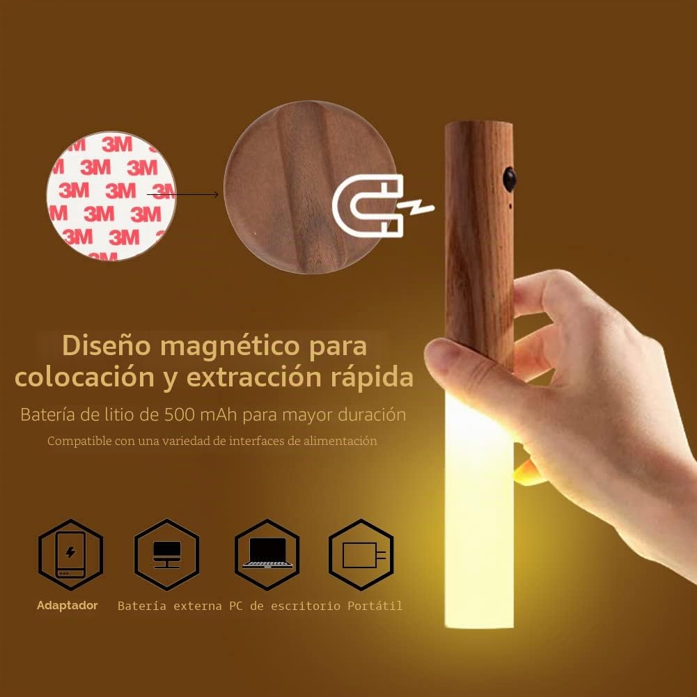2 Piezas Luz de pared de Madera, luz Nocturna Interior con Sensor de Movimiento, luces de pared Magnéticas Recargables con Interruptor para Dormitorio, Pasillo, Escalera (Nogal)